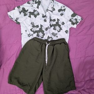 Floral Button-Up Shirt and Green Shorts Set